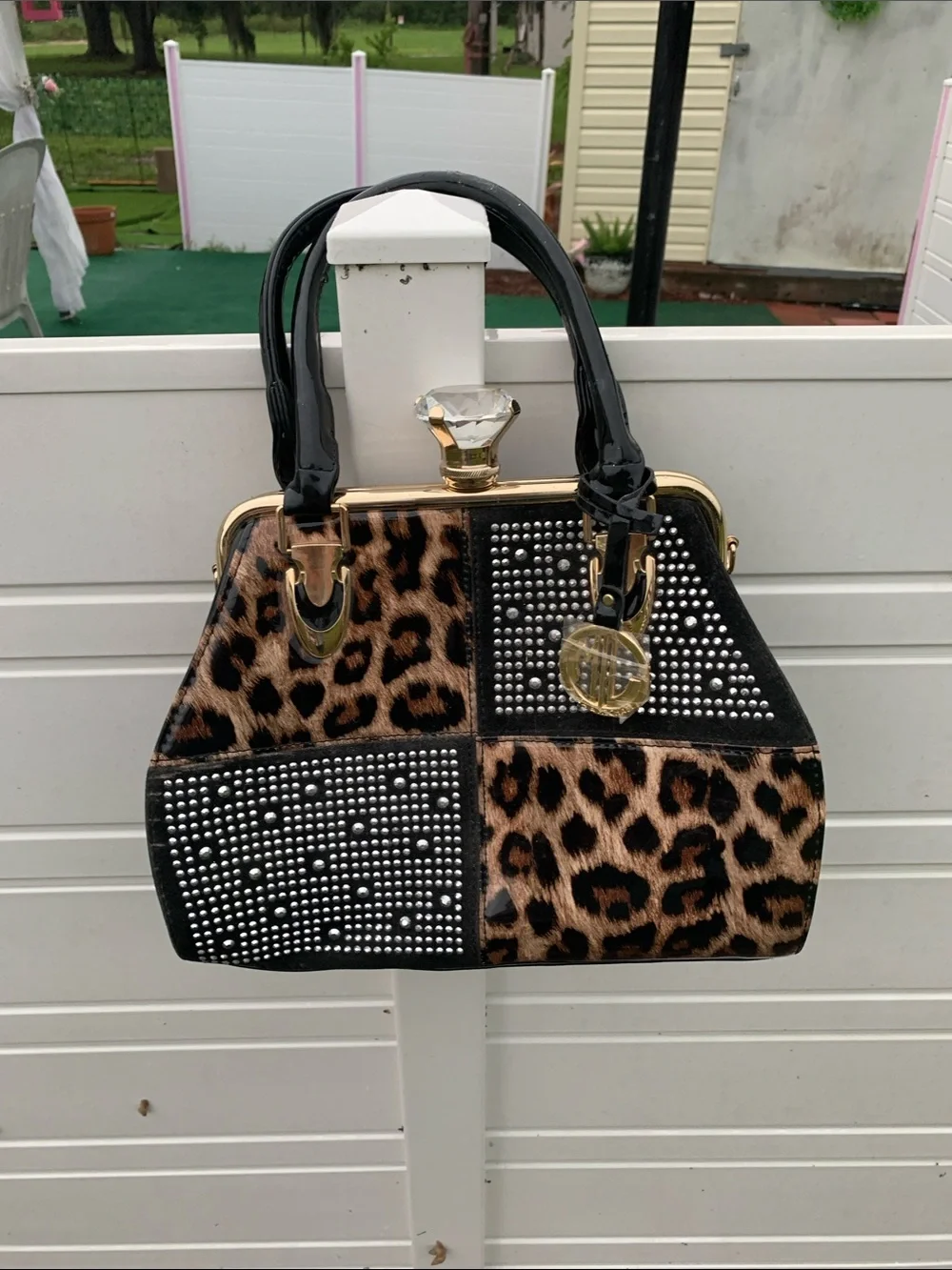 Leopard Patchwork Satchel with Studded Accents - Black/Brown